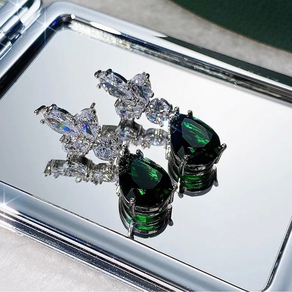 Teardrop Emerald & Diamond Drop Earrings - Picture 5 of 8